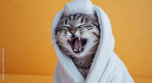 Cat yawning while wrapped in a white towel against an orange background durin...
