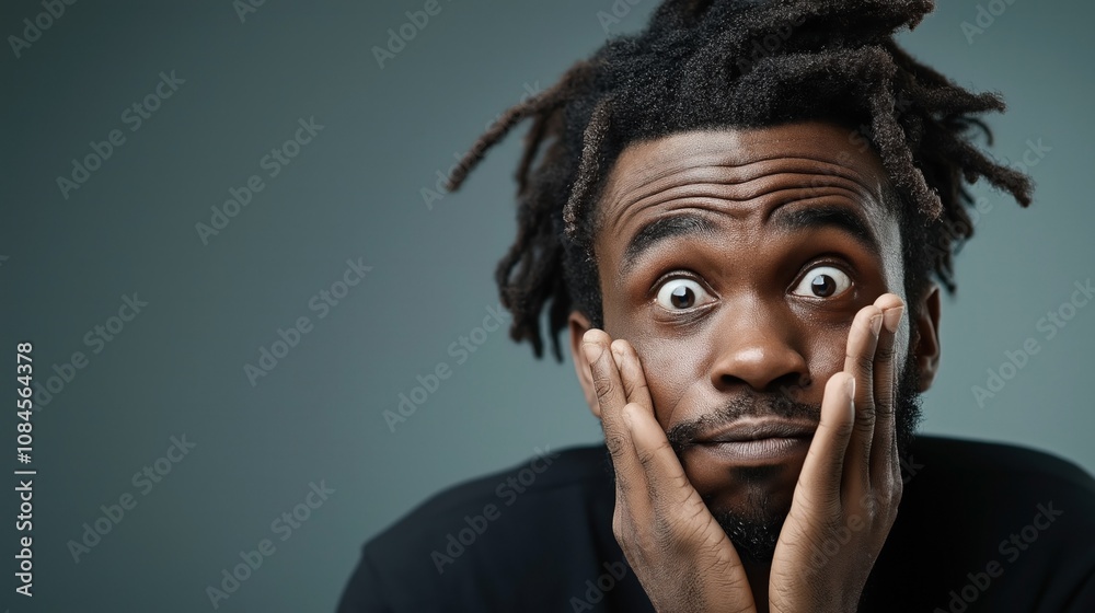 Close-up of a man with surprised expression, hands on cheeks, and wide eyes against a plain background.