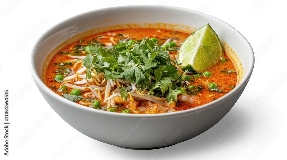 Photo of a bowl of delicious spicy Tom Yum noodles topped with fresh herbs, spring onions and lime on a clean white background. Photo of a bowl of delicious spicy Tom Yum noodles topped with fresh herbs, spring onions and lime on a clean white background.
