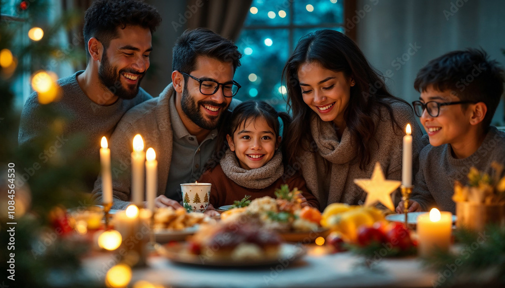 A joyful family gathering around a festive table during the holiday season, sharing laughter and delicious food in a cozy room adorned with warm lights
