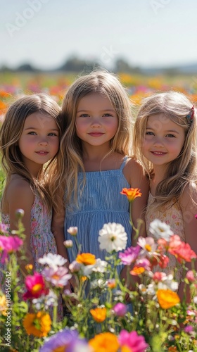 Three girls standing together admiring a colorful flower field on a sunny day