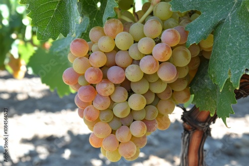 Golden grape clusters ripening in a vineyard during sunny daylight hours of l...