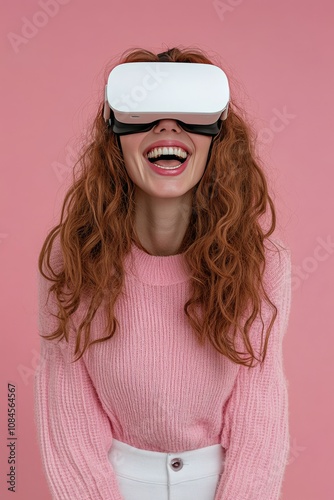 Young woman enjoying virtual reality experience in a playful setting with pin...
