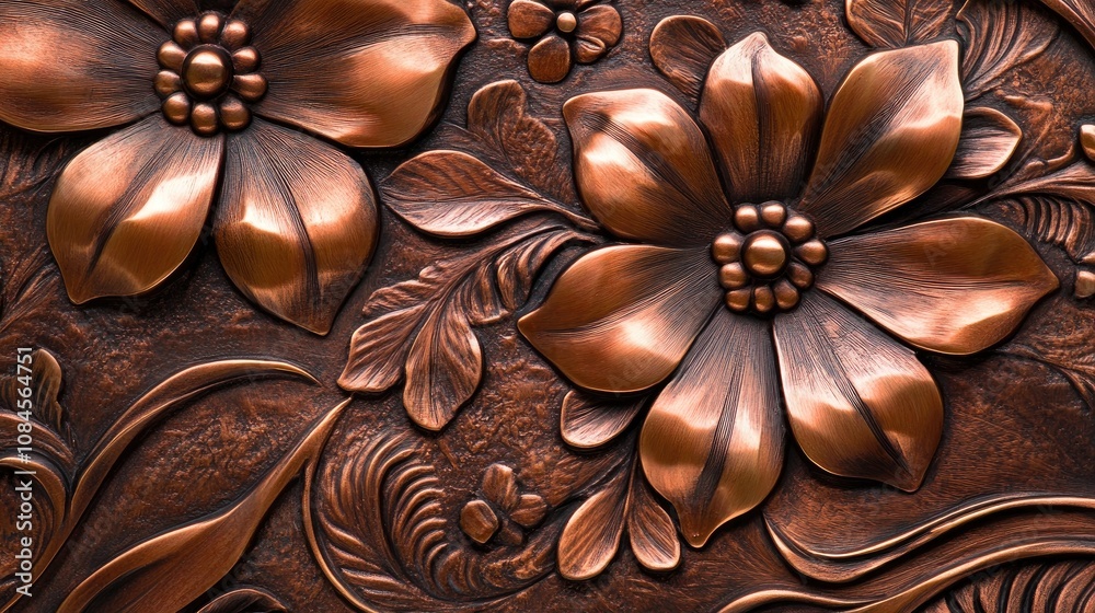 Photograph of an intricate floral design in deep copper tones, with textures for artistic and decorative use. Photograph of an intricate floral design in deep copper tones, with textures for artistic and decorative use.