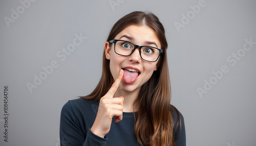 Funny comical teenager girl with brown hair picking finger to nose and showing tongue, looking at away, having fun, fooling around, bad manners. Indoor studio shot isolated on gray background isolat