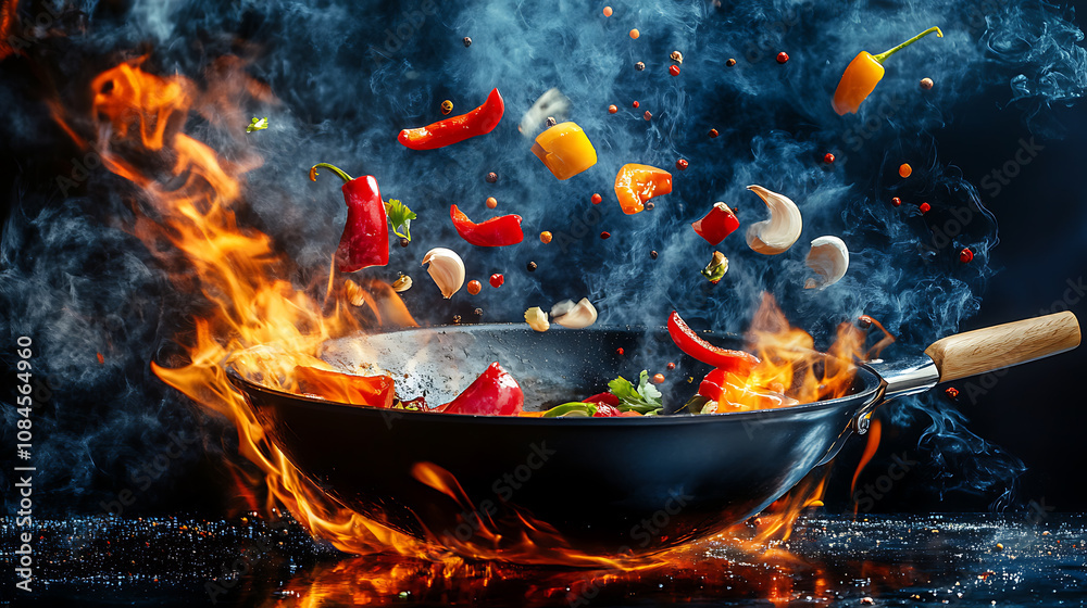A dynamic freeze motion captures a wok pan with ingredients flying in the air, complemented by fire flames, emphasizing the energy of cooking A dynamic freeze motion captures a wok pan with ingredients flying in the air, complemented by fire flames, emphasizing the energy of cooking
