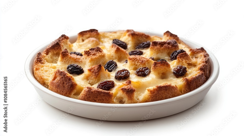 Photo of bread pudding with raisins and custard sauce, isolated on white background. Photo of bread pudding with raisins and custard sauce, isolated on white background.