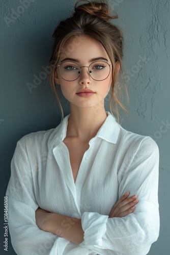 Young woman with glasses posing confidently in a casual white shirt against a...