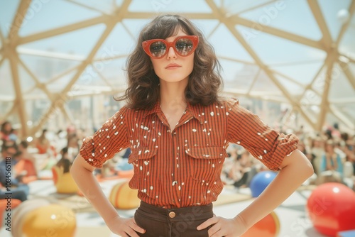 Confident Woman in Retro Red Outfit with Heart-Shaped Sunglasses Posing in a Sunny Geometric Outdoor Setting, Concept of Vintage Fashion and Bold Style photo