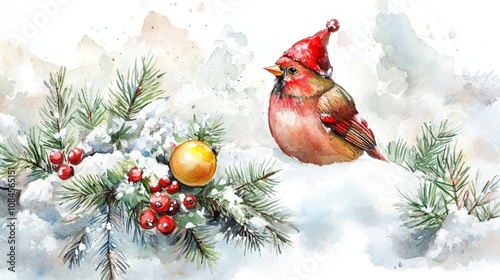 Watercolor robin bird in snow with Christmas decorations photo