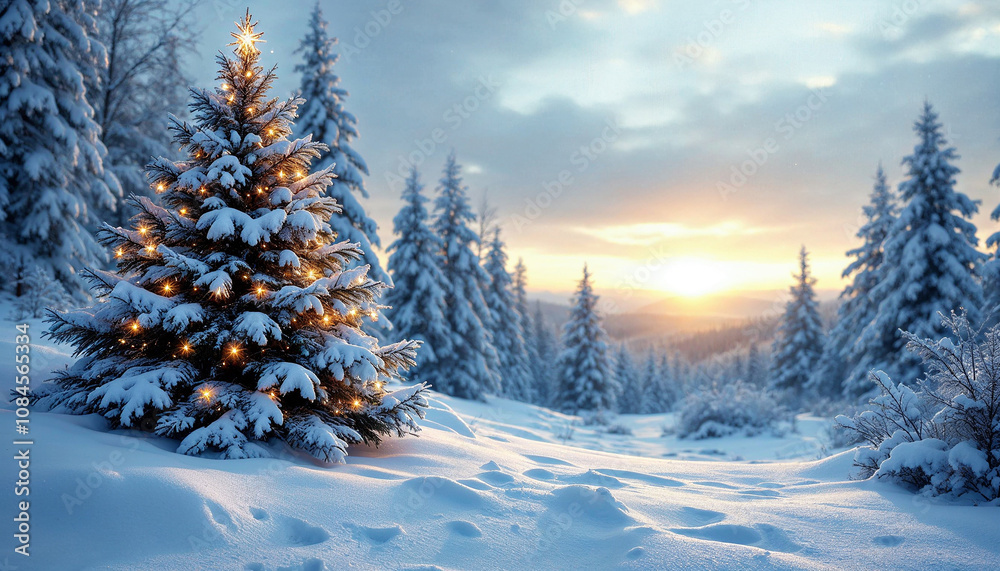 custom made wallpaper toronto digitalA beautiful winter landscape features a snow-covered tree adorned with lights against a stunning sunset in a serene forest setting