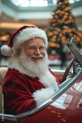 Santa Claus drives a convertible car with a joyful expression during the holi...