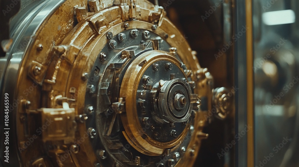 Close-up of intricate mechanism inside a large, old vault door. Close-up of intricate mechanism inside a large, old vault door.