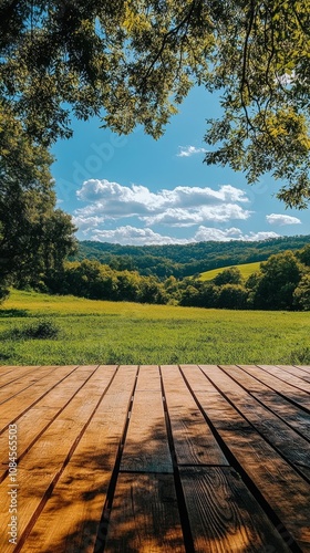A peaceful wooden deck surrounded by lush green trees and a vibrant landscape...
