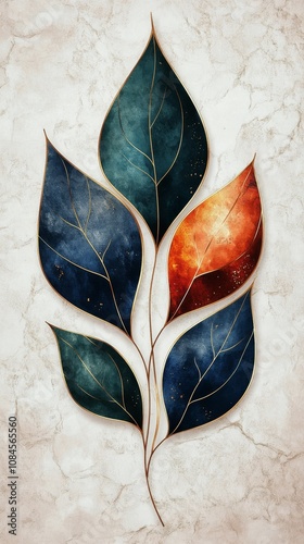 Colorful abstract leaves design with blue, green, and orange tones on a textu...