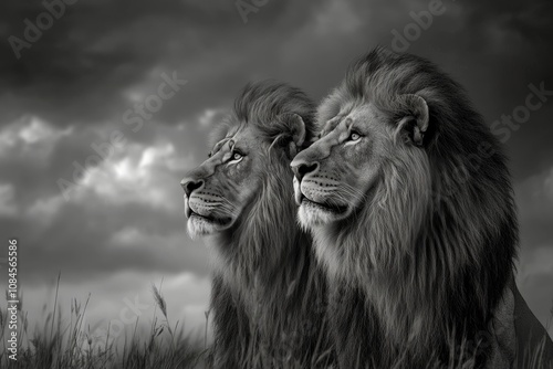 Two majestic lions stand side by side in a natural habitat during a cloudy day