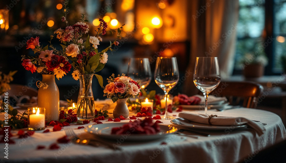 A romantic dinner setting with candles, flowers, and wine glasses on a beautifully arranged table in a cozy restaurant during an intimate evening