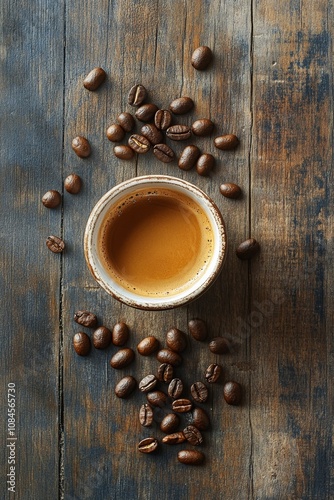 A white coffee cup surrounded by coffee beans on a wooden table with plants i...