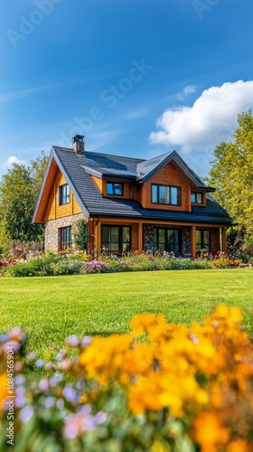 Beautiful wooden house surrounded by vibrant flowers in a sunny garden during...