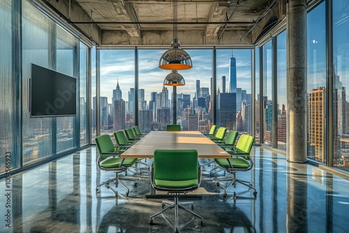 Modern conference room with panoramic city view during sunset in urban office...
