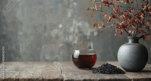 Tea brewing with a ceramic teapot and fresh leaves on a wooden table at a coz...