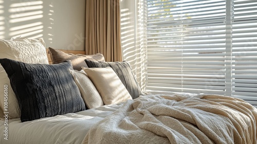 Cozy bedroom with natural light and soft textures in a tranquil setting