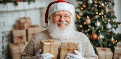 Santa Claus joyfully holding gifts in a cozy living room during the festive s...