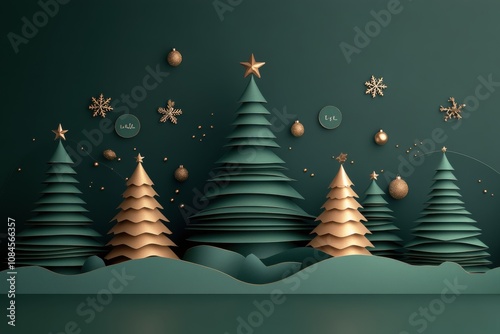 Elegant Christmas trees with stars and gold accents against a teal background...
