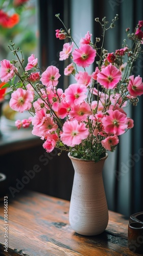 A bouquet of pink tulips in a rustic vase on a wooden table against a texture...