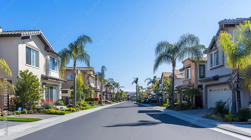 An ideal suburban neighborhood showcasing modern homes for sale, representing a booming real estate market with high demand for residential property An ideal suburban neighborhood showcasing modern homes for sale, representing a booming real estate market with high demand for residential property