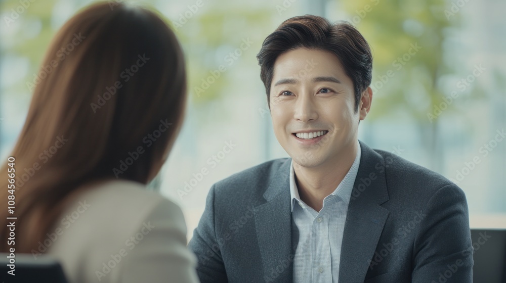 A man smiling during a business meeting with a woman, conveying a positive atmosphere. A man smiling during a business meeting with a woman, conveying a positive atmosphere.