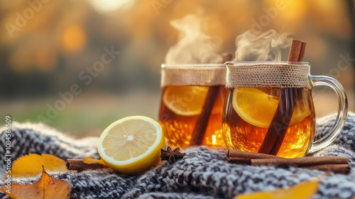 Warm beverages with lemon and cinnamon served outdoors on a cozy blanket duri...