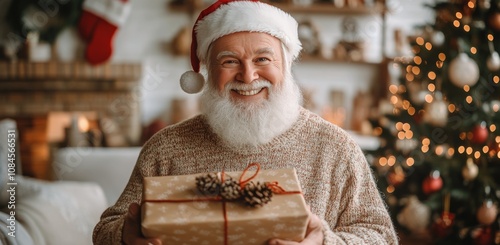 Santa Claus joyfully holding gifts in a cozy living room during the festive s...