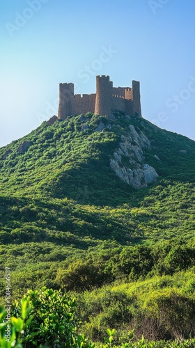 Historic castle perched on a hilltop surrounded by lush greenery under a blue...