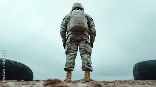 Back view of soldier in camouflage with a backpack standing on a rough terrain between large tires under a cloudy sky.