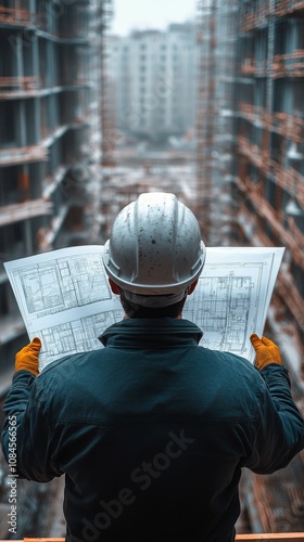 Construction worker reviewing blueprints at a developing urban site during wi...