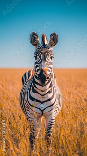 A zebra standing in tall grass under a clear blue sky during the day in a nat...