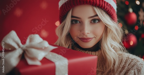 Cheerful young woman holding a red gift wrapped with a bow against a vibrant ...