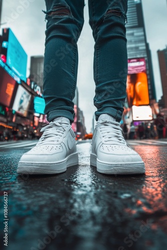 A person wears white sneakers while standing on a busy New York City street d...