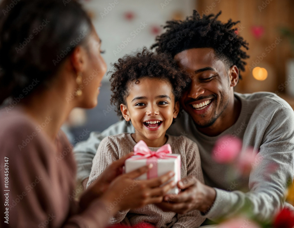 A joyful family moment with a child opening a gift at home in a cozy setting during a special celebration