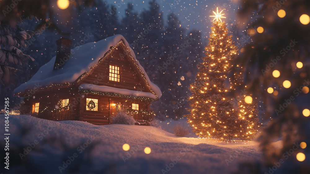 雪景色とクリスマスライトの暖かな木の家 雪景色とクリスマスライトの暖かな木の家