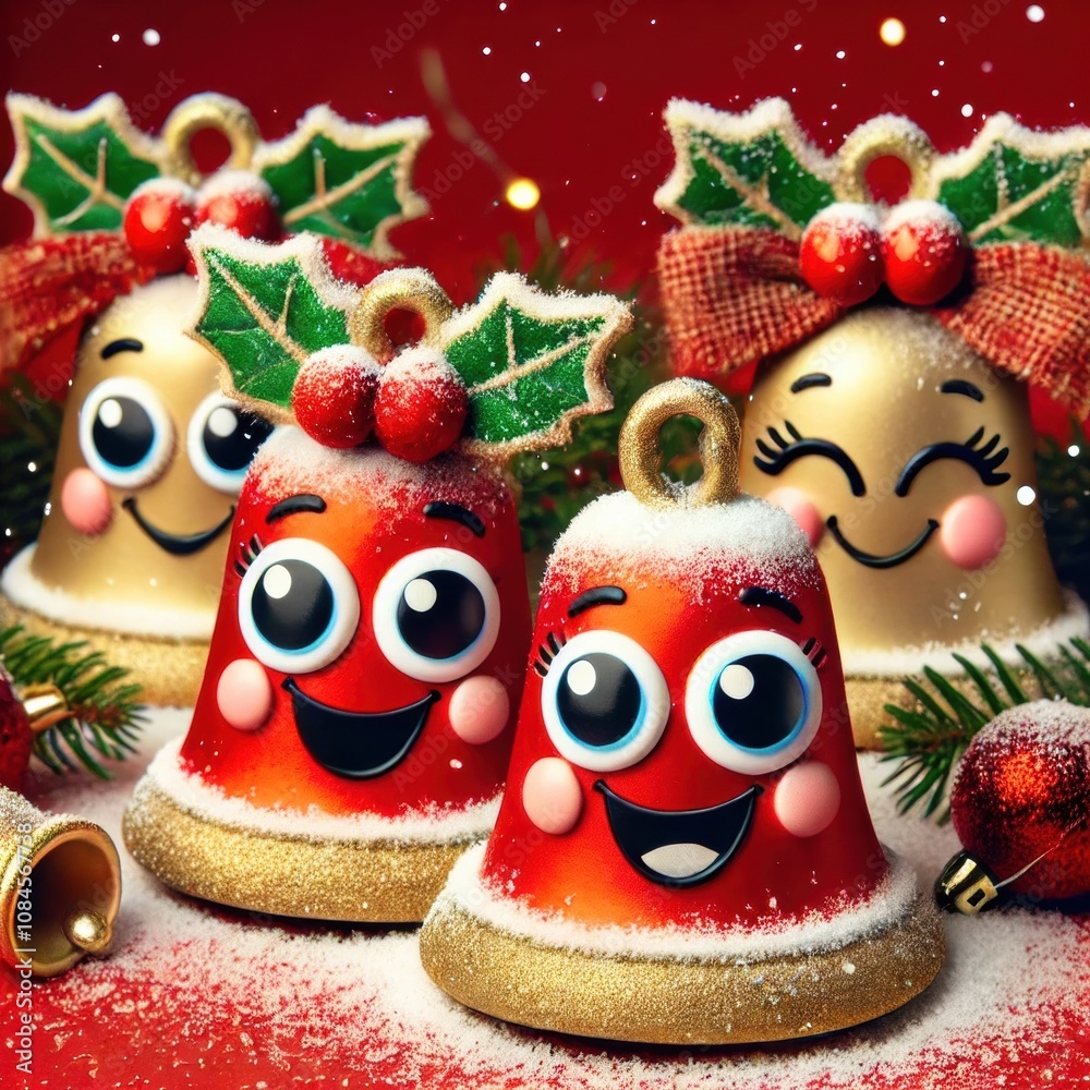Obraz premium Vibrant and cheerful Christmas bells with smiling faces, surrounded by festive decorations. Perfect for holiday marketing, cards, or social media.