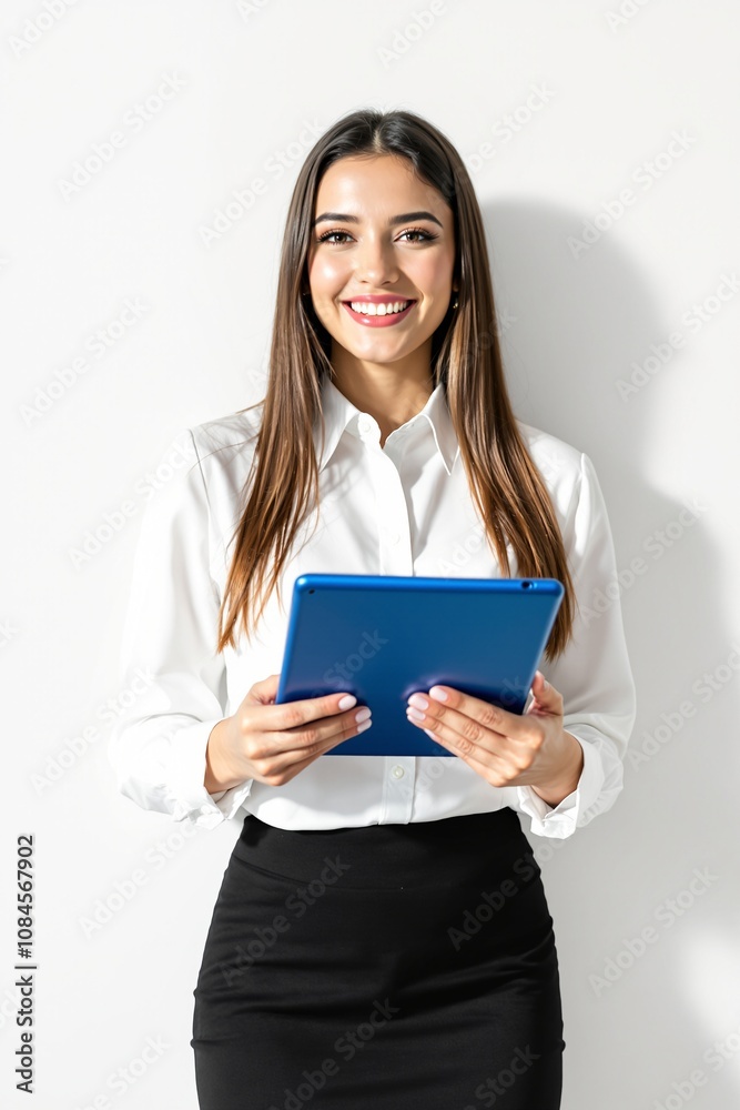 Cheerful Businesswoman Holding Tablet Against White Wall Cheerful Businesswoman Holding Tablet Against White Wall
