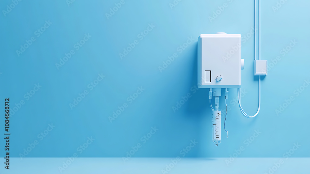 Medical Concept, Pump for infusion and drip for saline solution, IV fluid infusion on a background of blue Medical Concept, Pump for infusion and drip for saline solution, IV fluid infusion on a background of blue