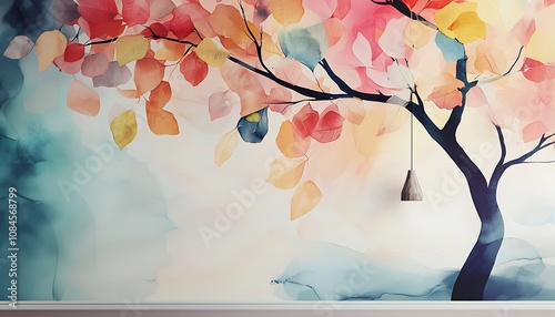 Fototapeta Naklejka Na Ścianę i Meble -  Colorful tree with leaves on hanging branches, illustrated background for 3D abstraction wallpaper for interior mural wall art decor.