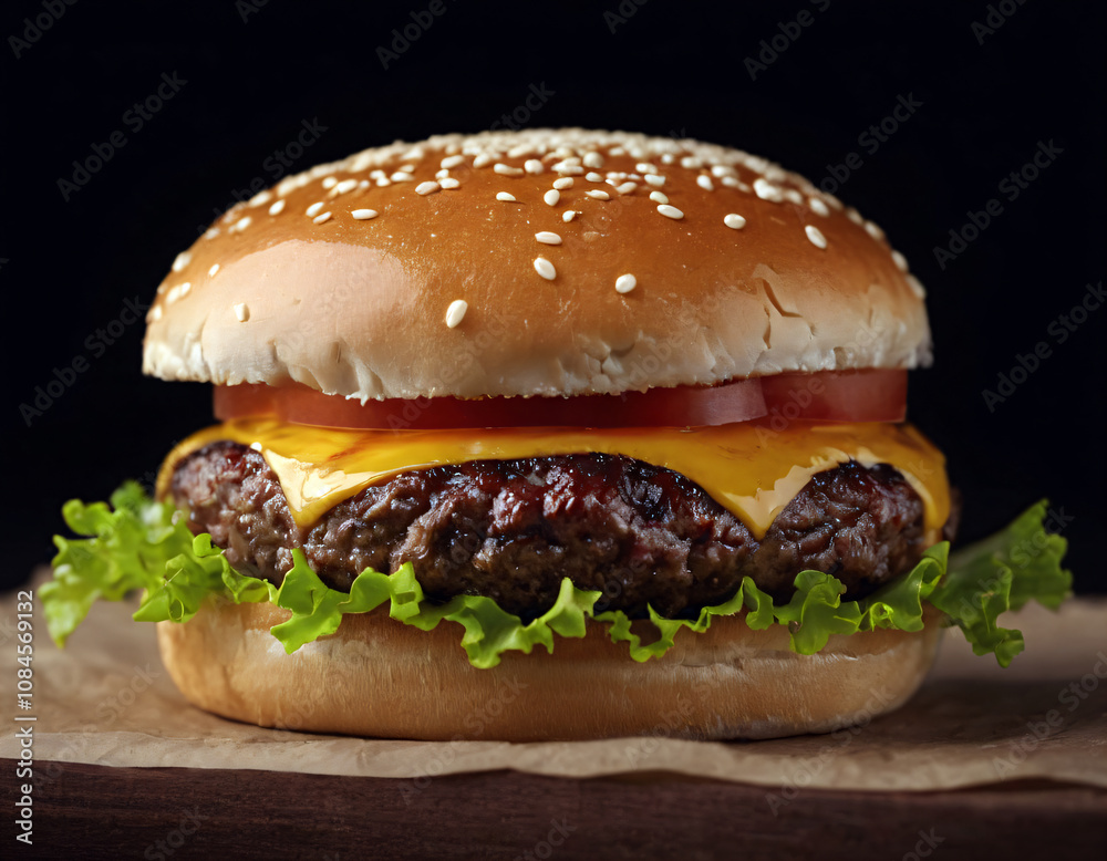 Appetizing hamburger on the substrate, on the table, close -up. Appetizing hamburger on the substrate, on the table, close -up.