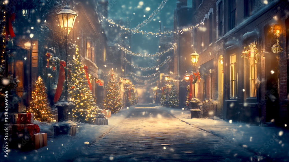 Christmas street scene at 11 o'clock with festive decorations and snowfall with copy space Christmas street scene at 11 o'clock with festive decorations and snowfall with copy space