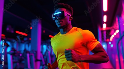 A person wearing VR goggles runs in a neon-lit gym, blending fitness with technology.