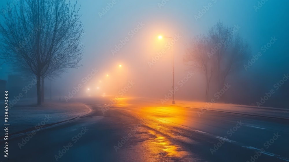 A foggy road in the evening with street lights shining through the mist. A foggy road in the evening with street lights shining through the mist.