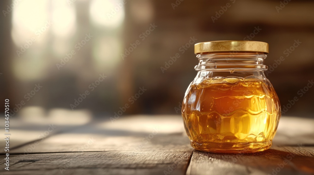 A glass jar filled with golden honey, placed on a wooden surface, illuminated softly. A glass jar filled with golden honey, placed on a wooden surface, illuminated softly.